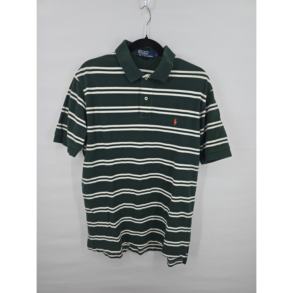 Polo‎ Ralph Lauren Mens Large Green White Striped Short Sleeve Pique Polo Shirt